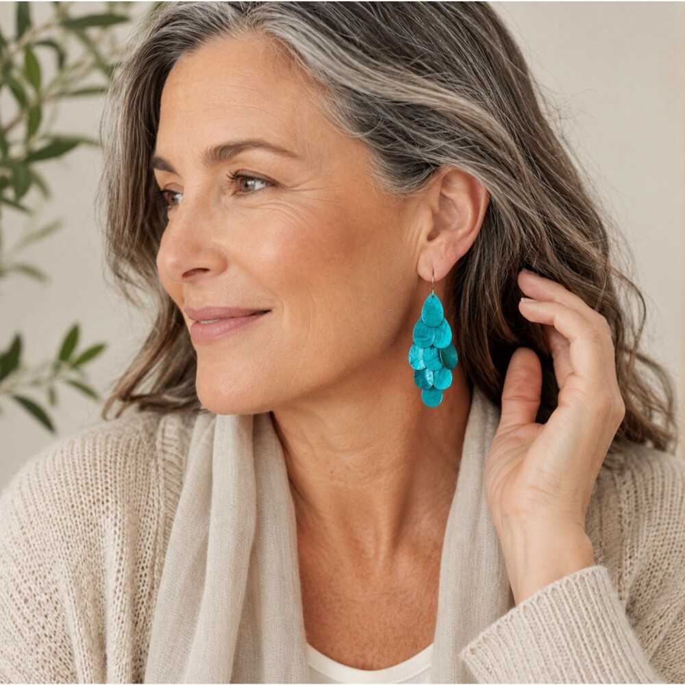 J Jill Cascading Shimmer Drop Earrings Turquoise Chandelier Shell Boho Coastal